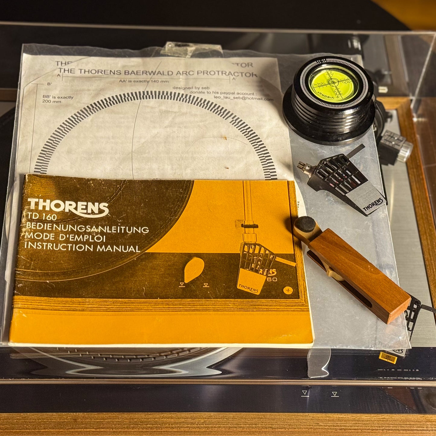 Thorens TD-160 accessories including headshell alignment tool and manual