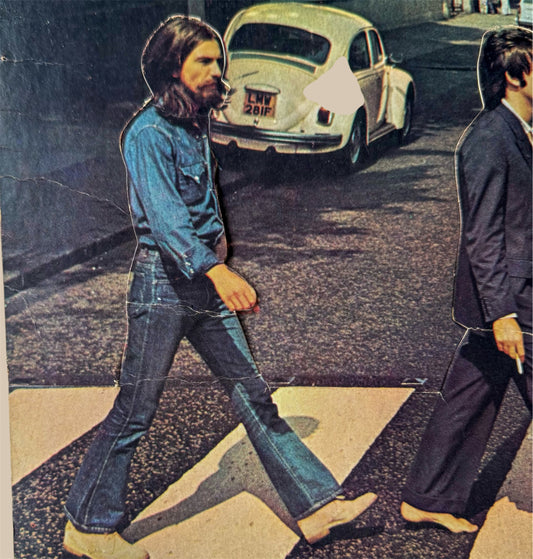 1969 Beatles Abbey Road die-cut promo standee George Harrison figure detail denim jacket crosswalk VW Beetle original Apple Records promotional material