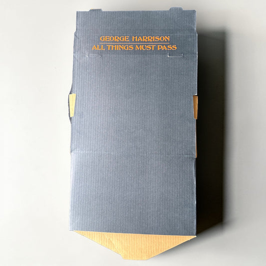 1971 George Harrison All Things Must Pass tape merchandiser display bin side panel George Harrison All Things Must Pass orange text on slate blue corrugated cardboard mint condition