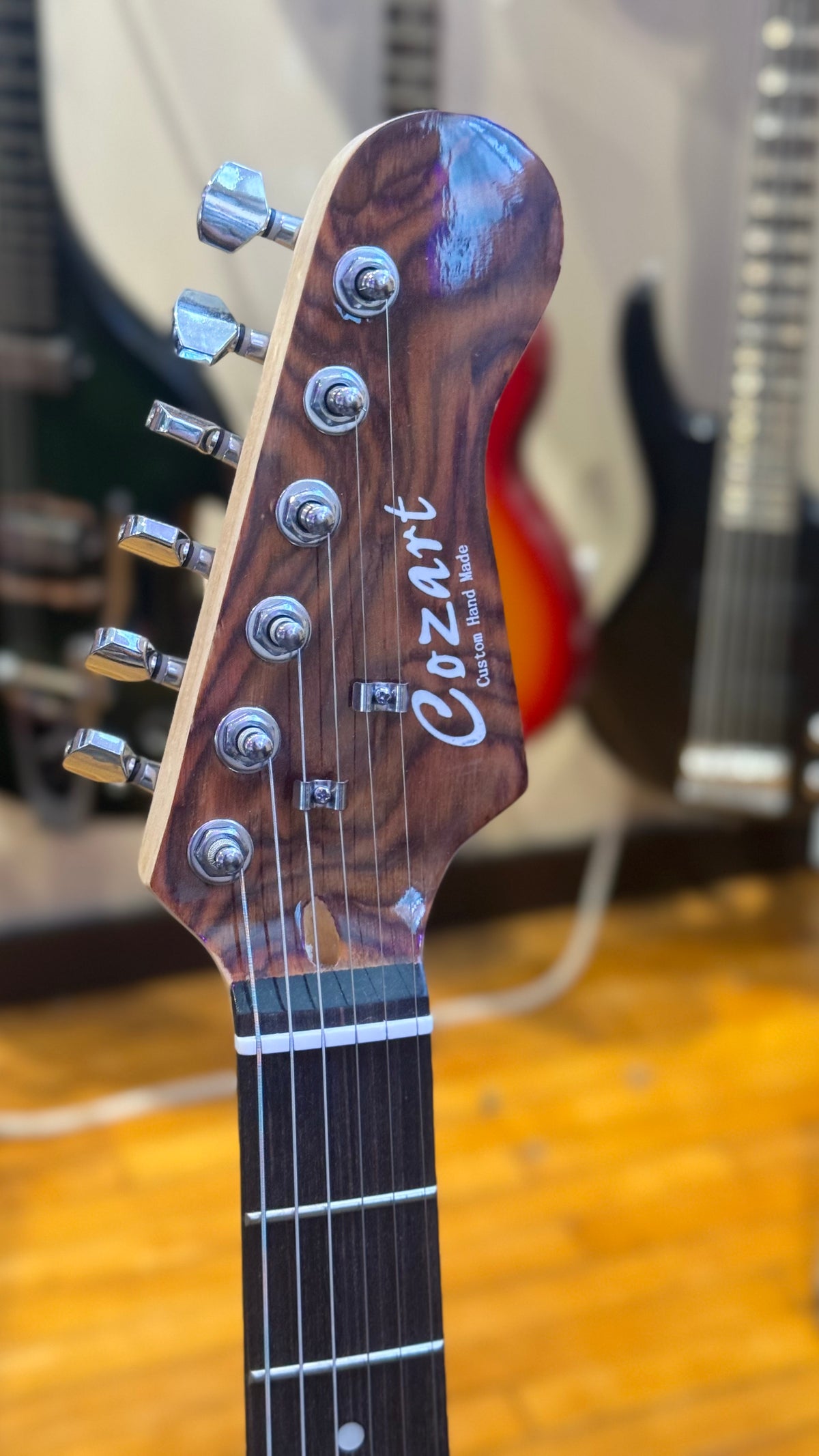Cozart S-Style Electric Guitar – Brown Woodgrain — headstock detail