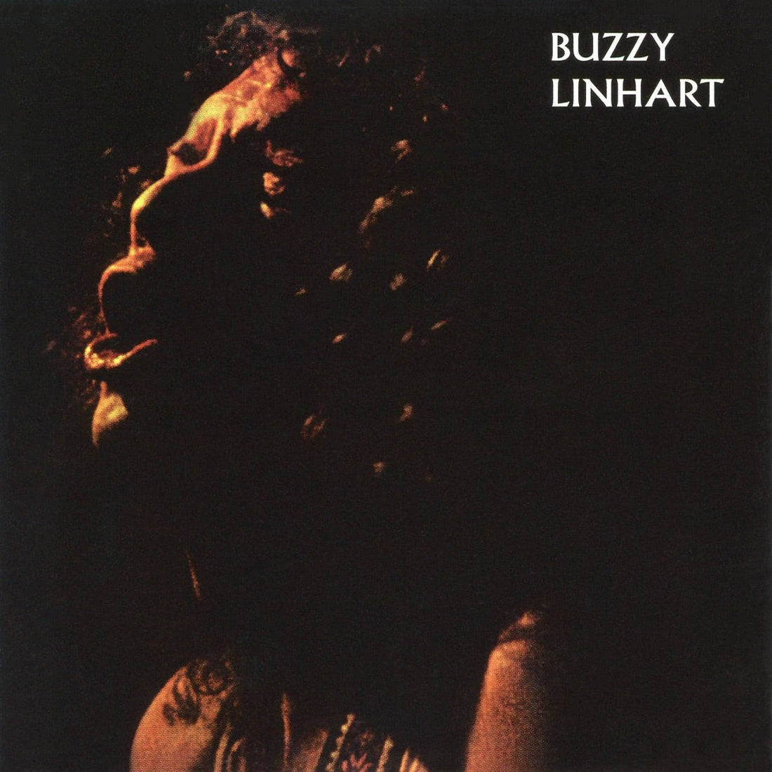 Buzzy Linhart’s 1972 Buzzy (The Black Album) cover, with a shadowed portrait against a black background