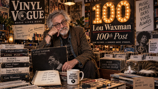 Illustrated Lou Waxman 100th-post celebration at Vinyl Vogue, with records, a cat, and an illuminated 100 sign.