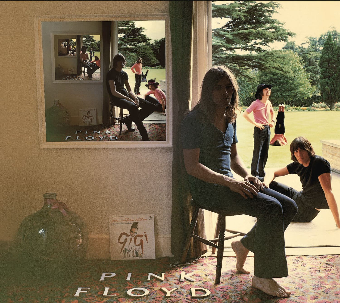 Pink Floyd’s Ummagumma album cover with the band arranged around a doorway and a repeating framed image.
