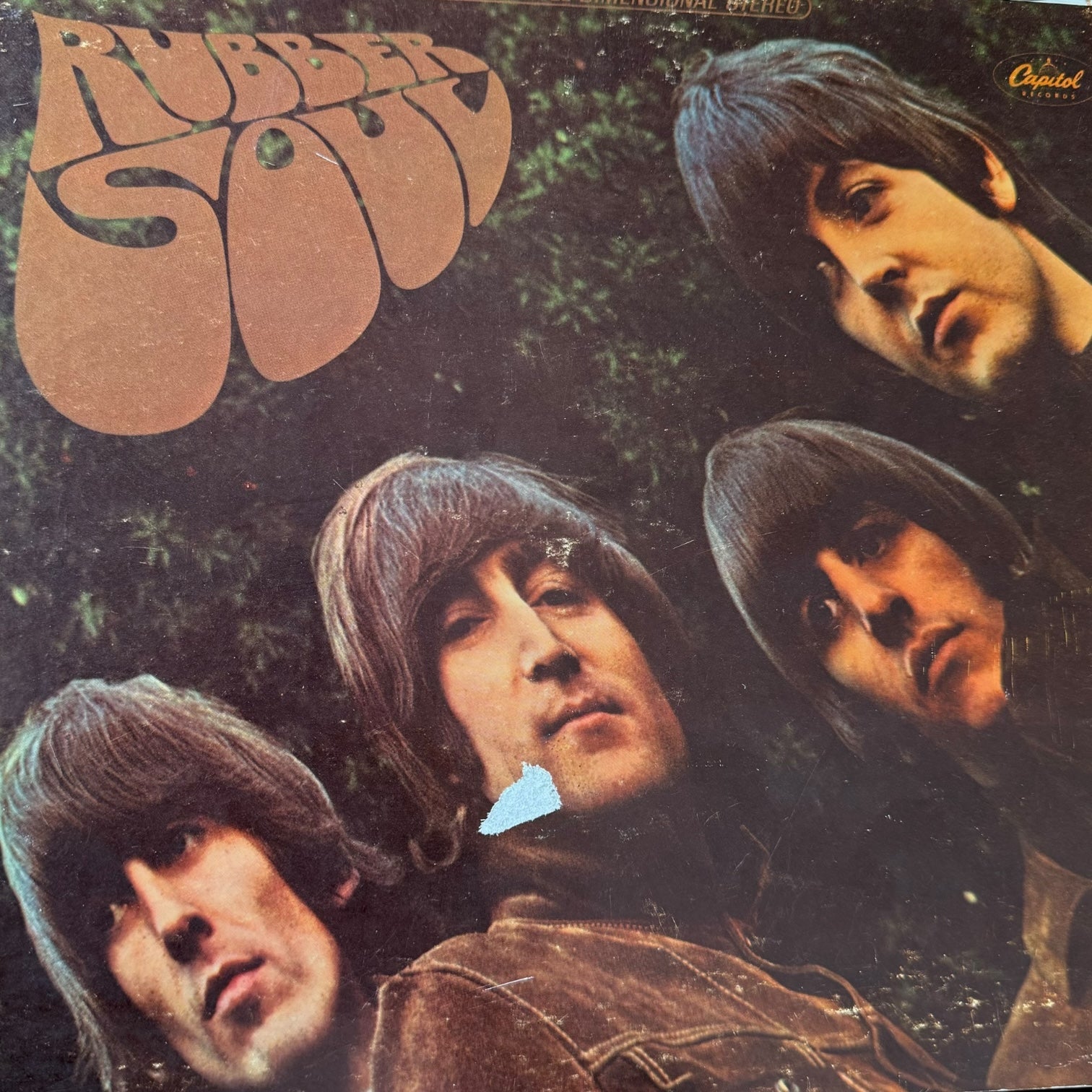 Beatles 1969 Capitol Records Christmas mobile Rubber Soul album panel close-up showing Capitol Records logo