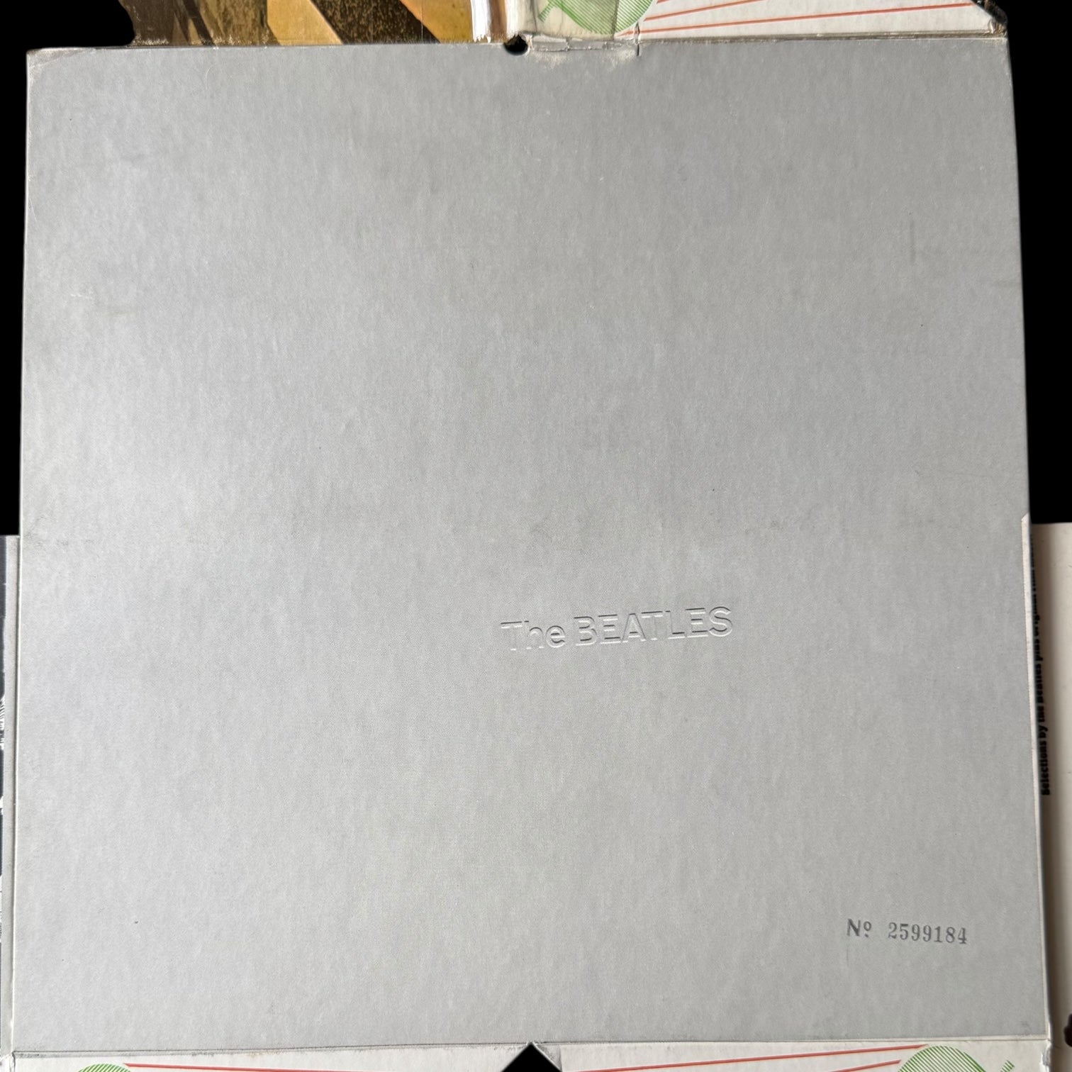 White Album panel from original 1969 Beatles Capitol Records Christmas retail hanging mobile showing The Beatles embossed title reproduction