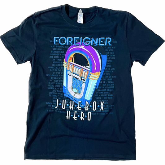 Foreigner 2011 Tour T-Shirt - Navy Adult Medium - Jukebox Graphic Front & Tour Locations Back - Vintage Rock Band Tee