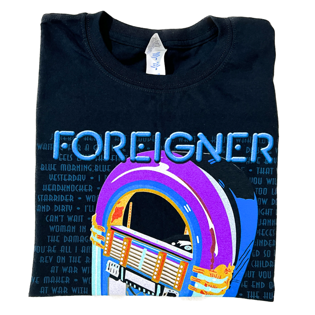 Foreigner 2011 Tour T-Shirt - Navy Adult Medium - Jukebox Graphic Front & Tour Locations Back - Vintage Rock Band Tee