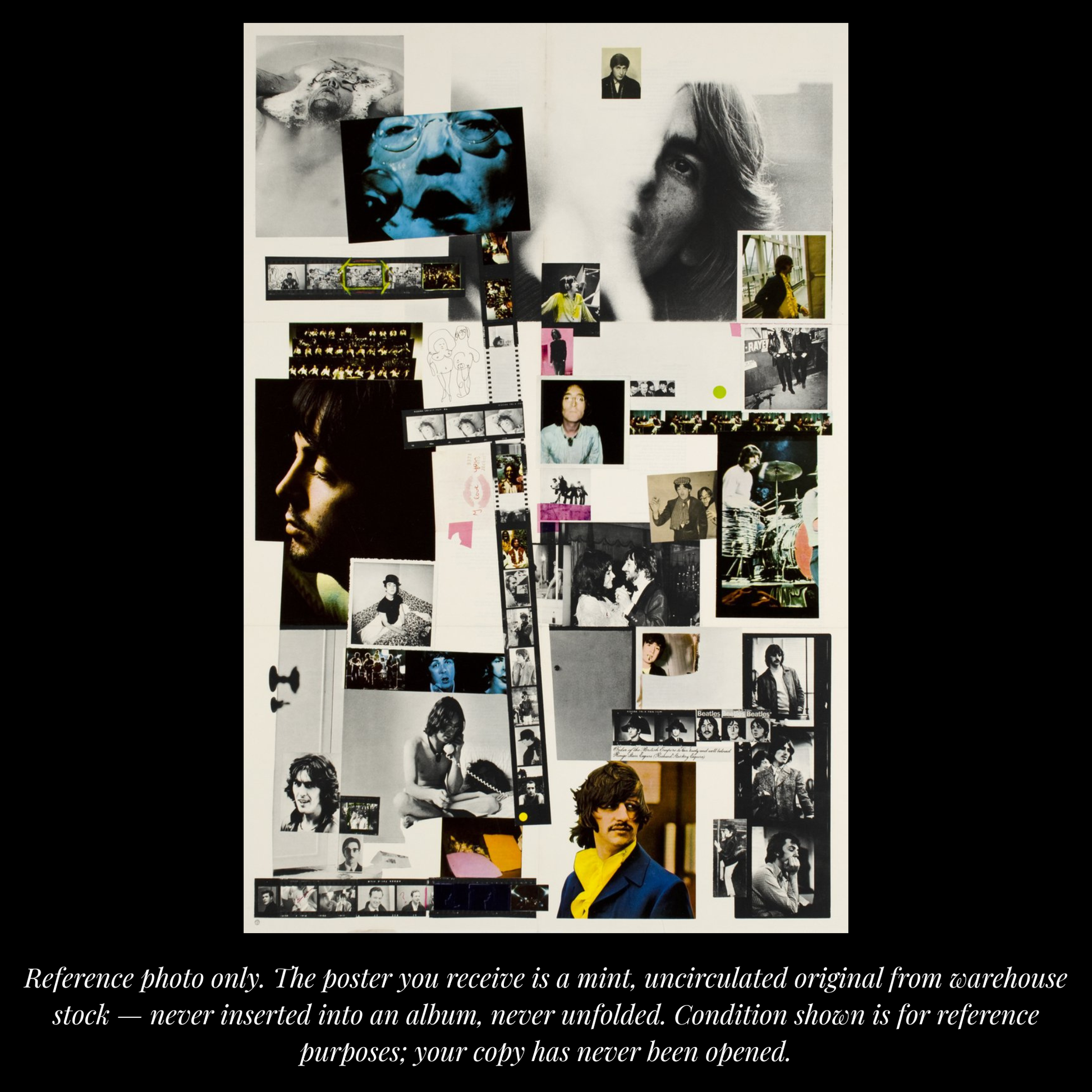 Original 1968 Beatles White Album insert poster John Lennon collage side — mint unfolded warehouse stock from Jack Kunkle Capitol Records collection