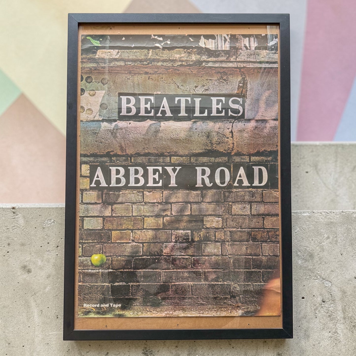 1969 Beatles Abbey Road promo poster Apple Records green apple logo Record and Tape text detail original US pressing Capitol Records Bethlehem PA provenance