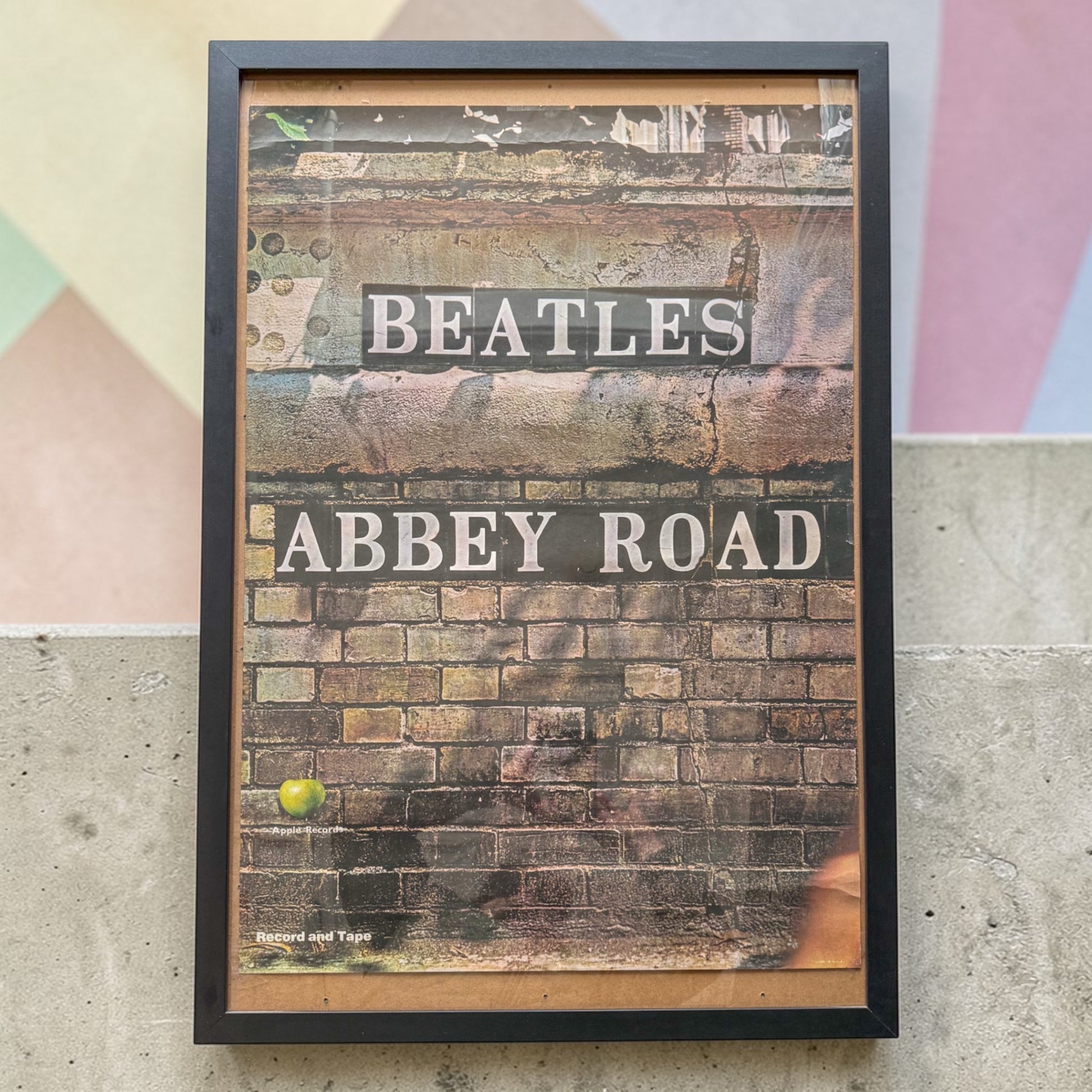 1969 Beatles Abbey Road promo poster Apple Records green apple logo Record and Tape text detail original US pressing Capitol Records Bethlehem PA provenance