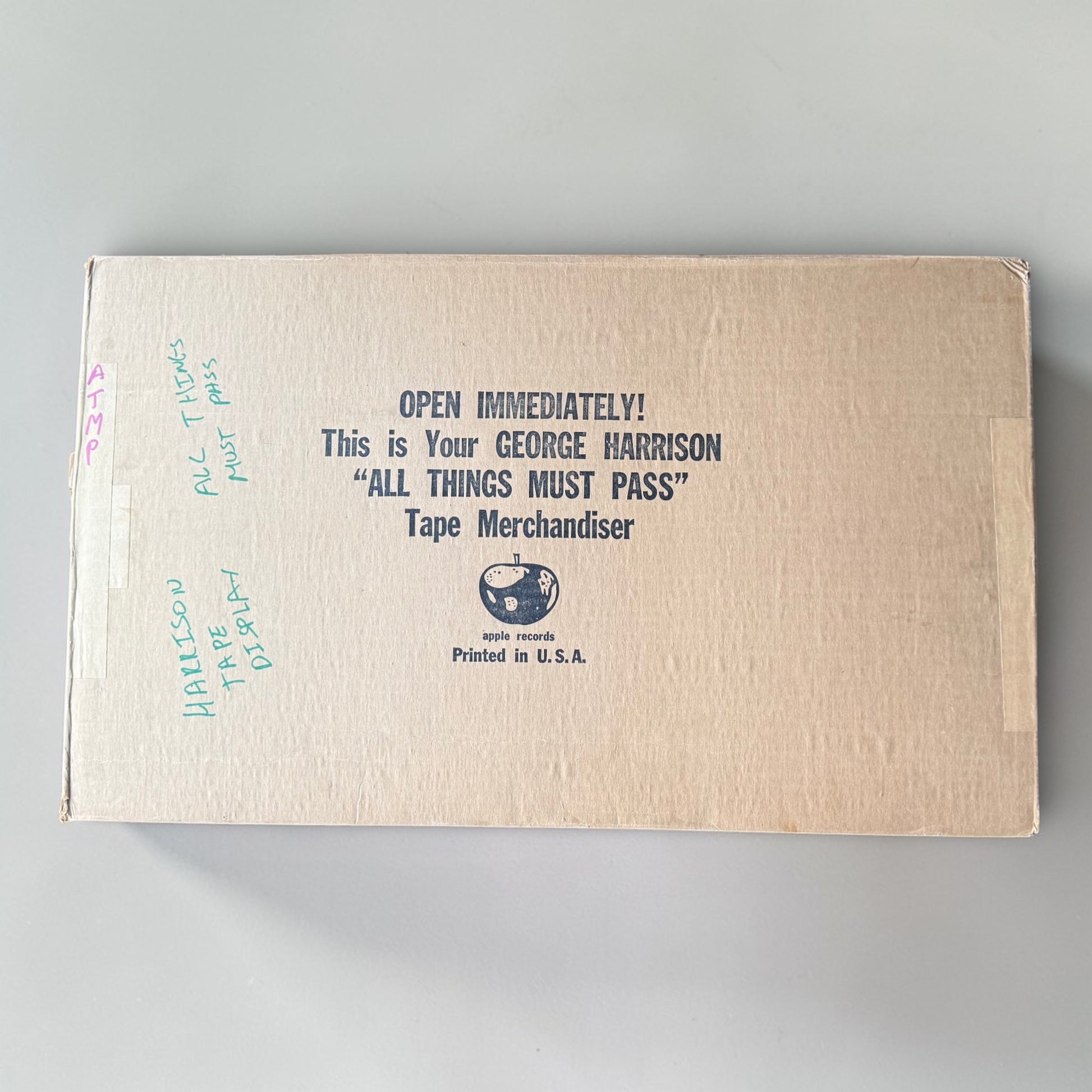 1971 George Harrison All Things Must Pass tape merchandiser original shipping box Open Immediately Apple Records Printed in USA Jack Kunkle handwritten inventory notes Capitol Records warehouse