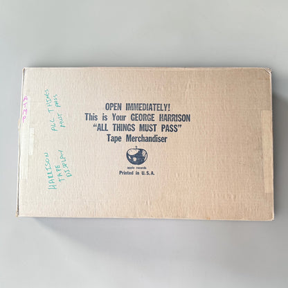 1971 George Harrison All Things Must Pass tape merchandiser original shipping box Open Immediately Apple Records Printed in USA Jack Kunkle handwritten inventory notes Capitol Records warehouse