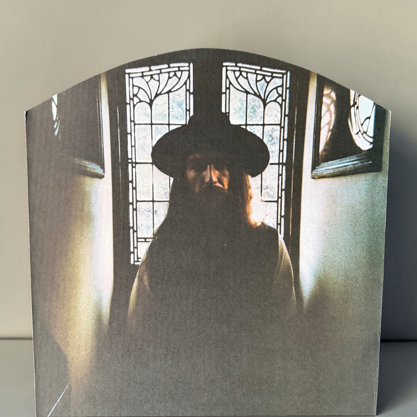 1971 George Harrison All Things Must Pass tape merchandiser figure riser card close up detail All Things Must Pass album image stained glass Friar Park vivid colors mint condition