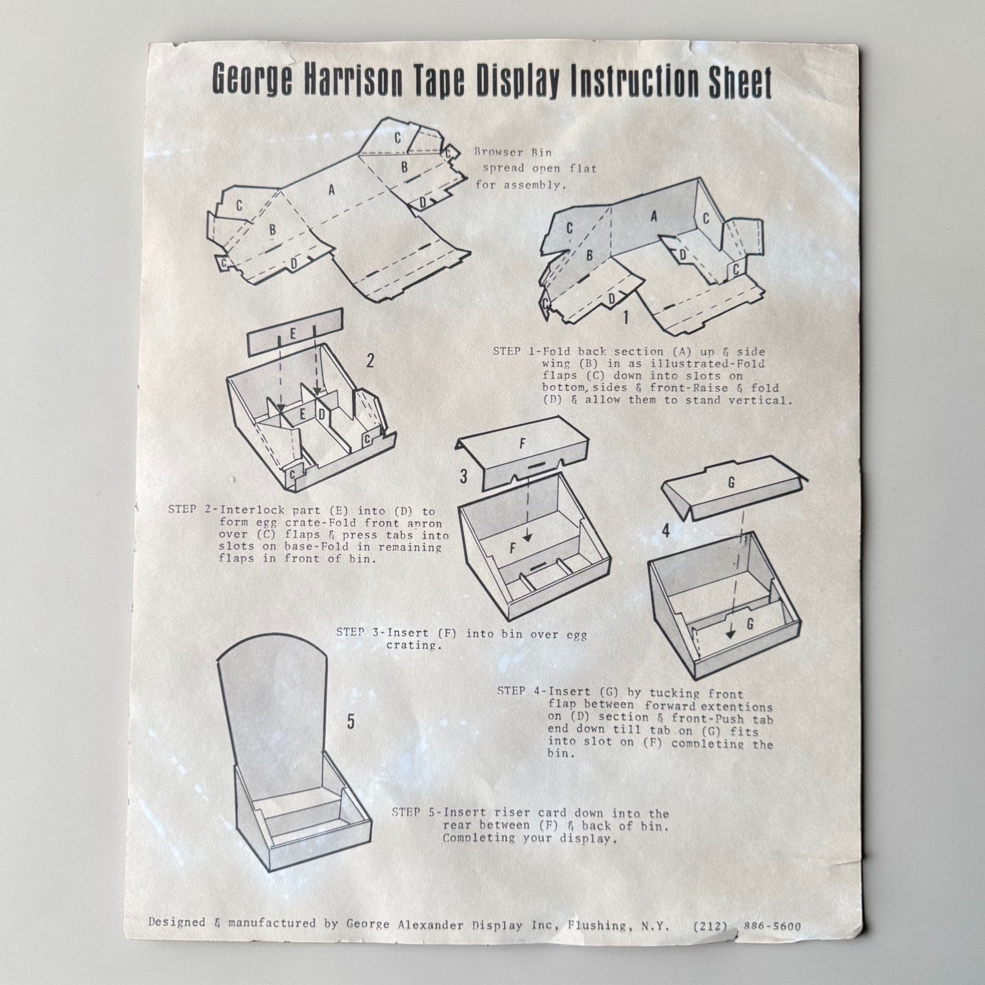1971 George Harrison Tape Display Instruction Sheet original George Alexander Display Inc Flushing New York complete five step assembly guide never used mint condition