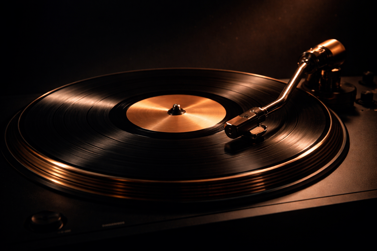 A record playing on a turntable