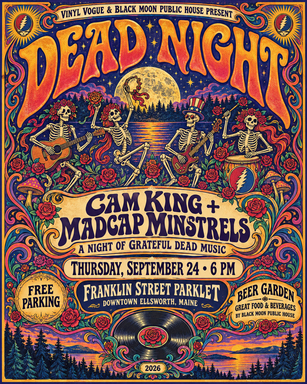 Dead Night — Cam King + Madcap Minstrels, Thursday September 24, 2026 at 6 PM, Franklin Street Parklet, Ellsworth. Free parking; beer garden, food and beverages by Black Moon Public House.