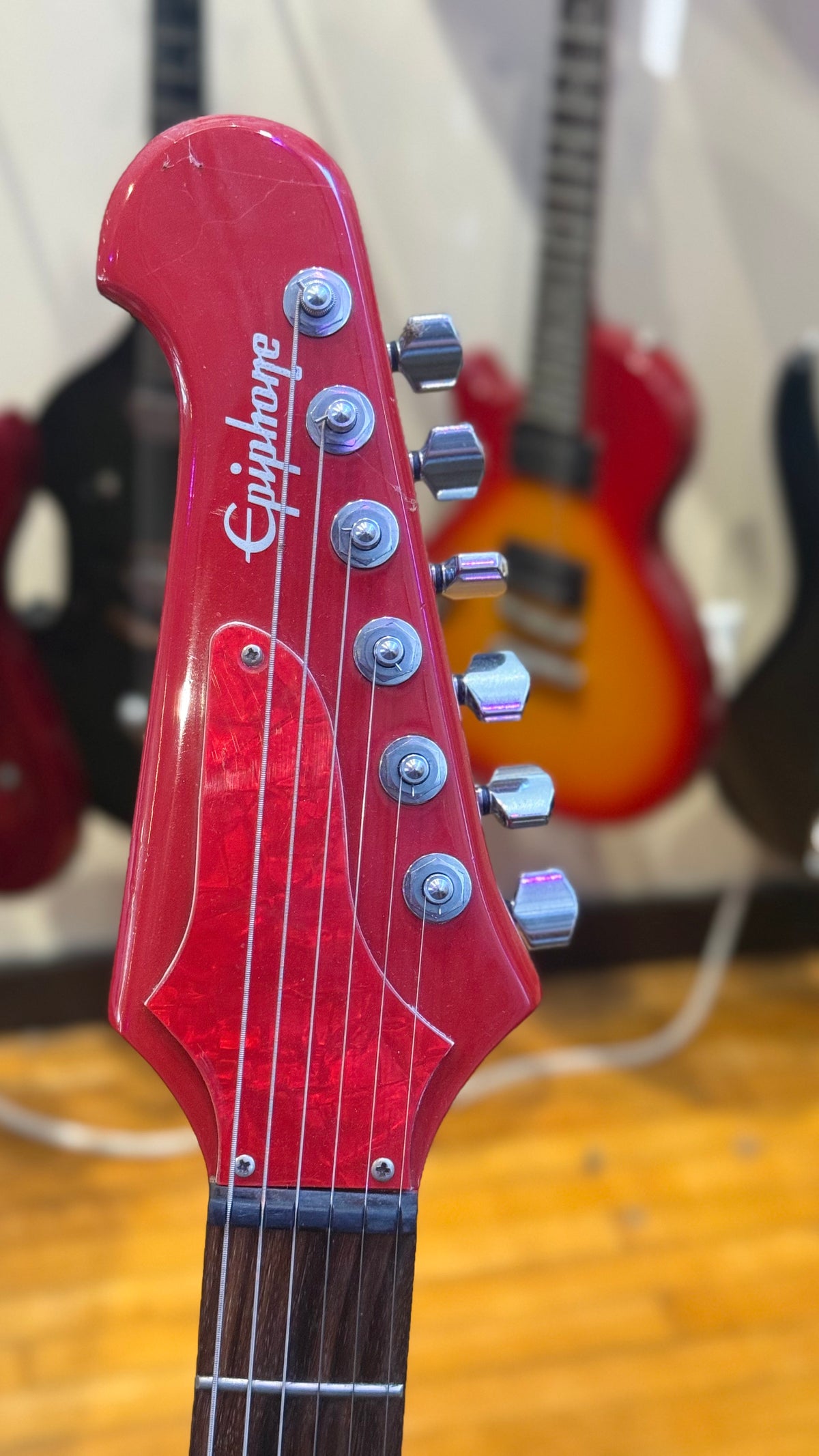 Modified Epiphone Firebird Electric Guitar – Red, Al Hendrix Signature — headstock detail
